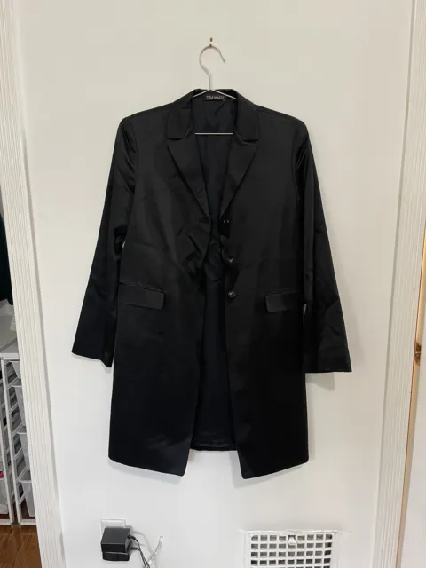 Tahari Long Coat Blazer Jacket Sz 4 Womans Black Wool Blend Long Sleeve Vintage