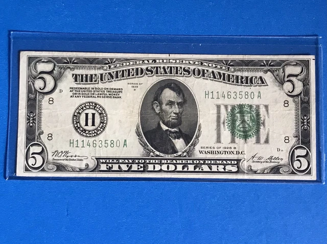 1928 B $5 FRN FEDERAL RESERVE NOTE GOLD ON DEMAND VF++  REDUCED!! (c377)