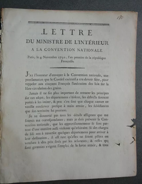 Lettre Ministre de l'intérieur à la convention nationale. Paris, 4 Novembre 1792