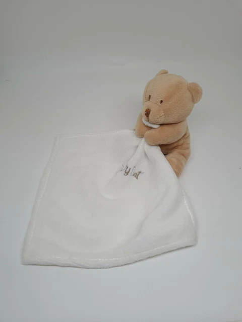 13 - Doudou Peluche Ours Beige Marron Mouchoir Blanc Brode Babynat Neuf