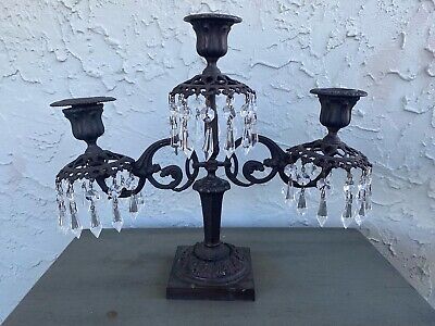 Cast-Iron/Crystal-Prisms Ornate Victorian-Style 3-Arm Candelabra Candleholder