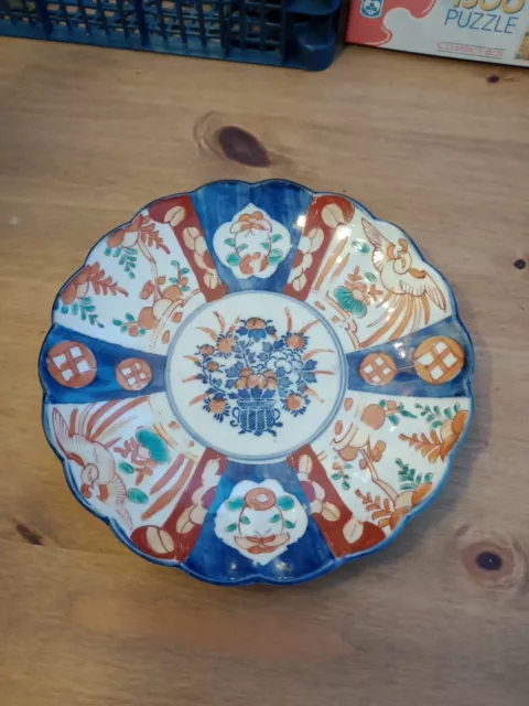 Antique Japanese Imari Scalloped Plate, Hand Painted Panel in Red Blue & White