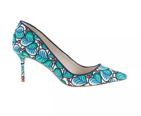 Sophia Webster For J.Crew Lola Twill Kitten Heels Pumps Green Blue Leaf Print 39