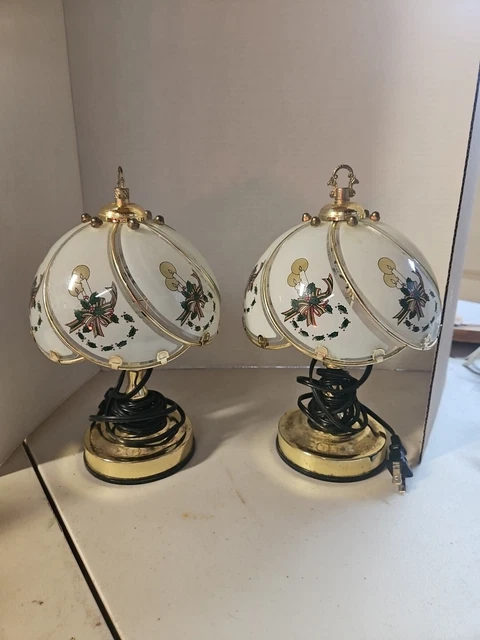 2 Christmas Holiday  Gold Tone Touch Electric Lamps 11" Night Light Holly
