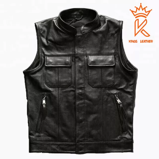 Men's Black Premium Leather Club Motorcycle Vest Front Button Pockets Waistcoat