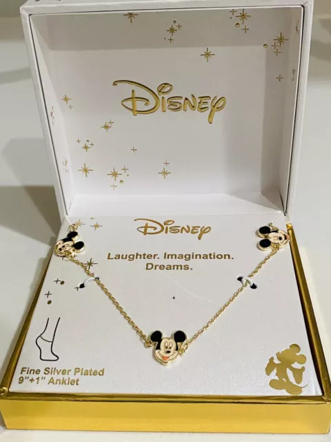 Disney Mickey,Laughter,Imagination,Dreams Anklet Fine Silver Plated 9”+1”