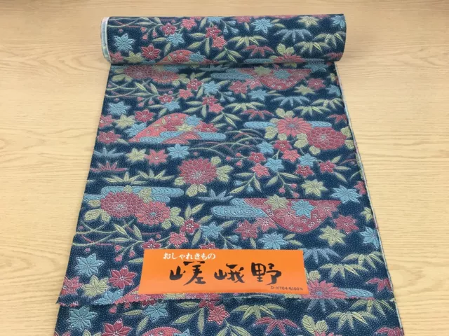 Tessuto kimono donna giapponese, lana, fiori, blu, venduto al metro (L3087)