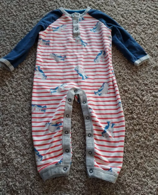 Baby Mini Boden 18-24 Month Red White Blue Striped Romper Robots Long Sleeve