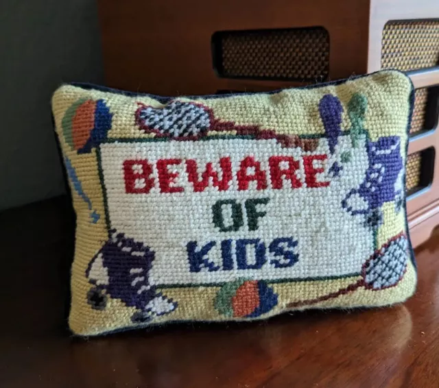 Vtg Beware Of Kids Needlepoint Pillow Throw Funny Cross Stitch Mom Dad Gift