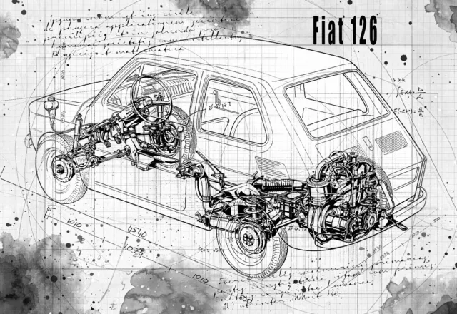 Line Tech Drawing  Fiat 126   Cutaway Art Poster Print