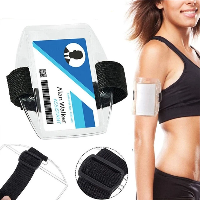 Vertical Armband Security ID Card Photo Badges Holder Clear Black Elastic-Strap