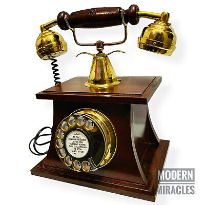 Vintage Wooden Telephone Victorian Nautical Brass Rotary Etching Old Fashioned