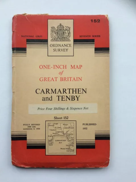 Vintage Ordnance Survey Paper Map No.152 Carmarthen and Tenby