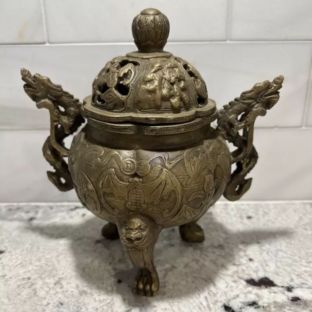 Antique Brass Chinese Incense Burner with Dragons Handles Three Footed 7”