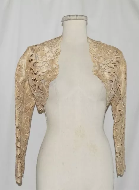 Kay Unger Beige Floral Lace-Like Cut-Out Silk Open Front Cropped Bolero Jacket S