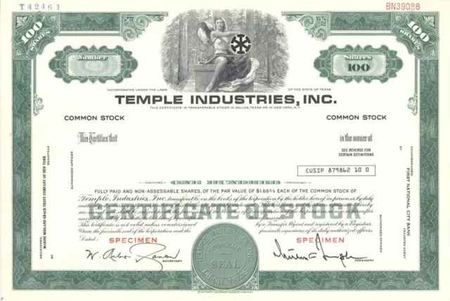 Temple Industries, Inc. - Specimen Stock Certificate - Specimen Stocks & Bonds
