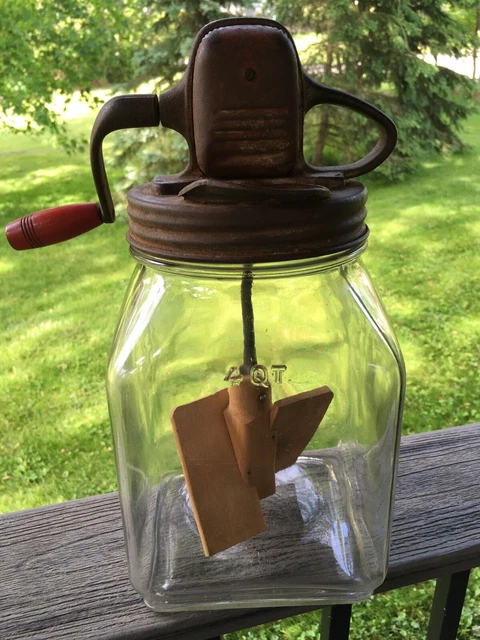 Antique Vintage Butter Churn Metal Crank w/ Wood Paddle 4 quart jar