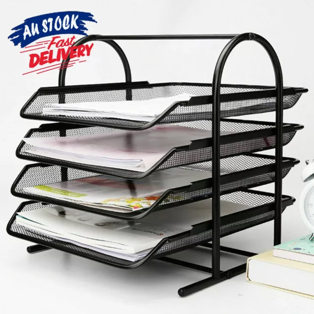 4 Tier Metal Desk Office File Organiser Document Letter Paper Tray Mesh ACB#