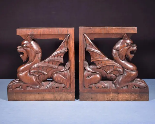 *French Antique Solid Oak Wood Statues/Pedestals with Griffins Salvage
