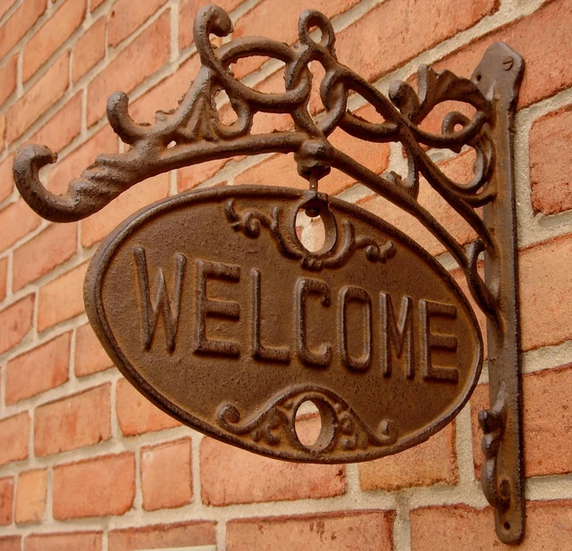Rustic ornate Cast Iron Front Door Gate Welcome GO AWAY Sign Funny Home Decor