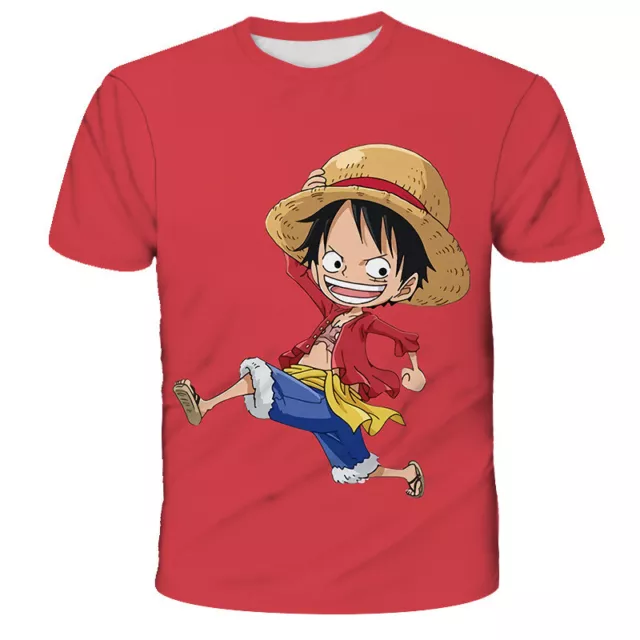 Unisex Child One Piece Monkey Luffy Printing Boys Red Short Sleeve T-Shirt Kids