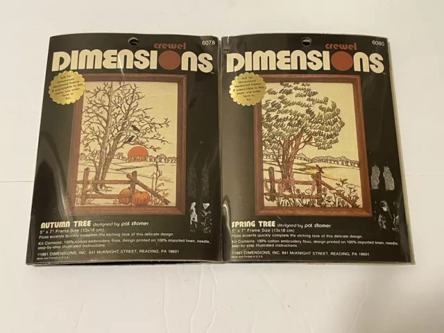 Nip Vtg 1981 Crewel Dimensions Spring Tree Autumn Tree 6078 6080  Embroidery Kit