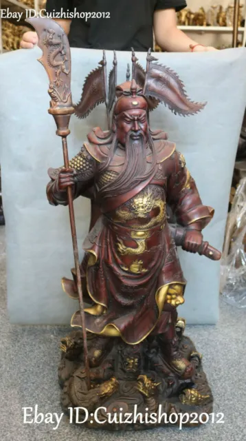 39" Unique Bronze Dragon Loong General knife Guan Gong Yu Warrior God Statues
