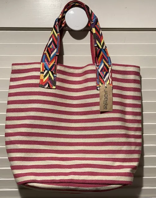 JADETRIBE Good Vibes Tote Handmade Anthropologie Striped Beach Tote Bag NWT $85