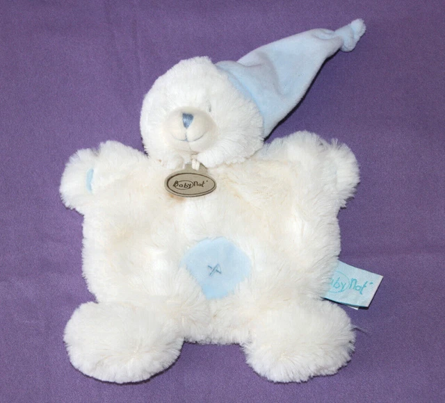 Babynat Baby Nat Doudou Ours Plat Blanc Bn782 Bonnet Lutin Bleu Croix  Etat Neuf