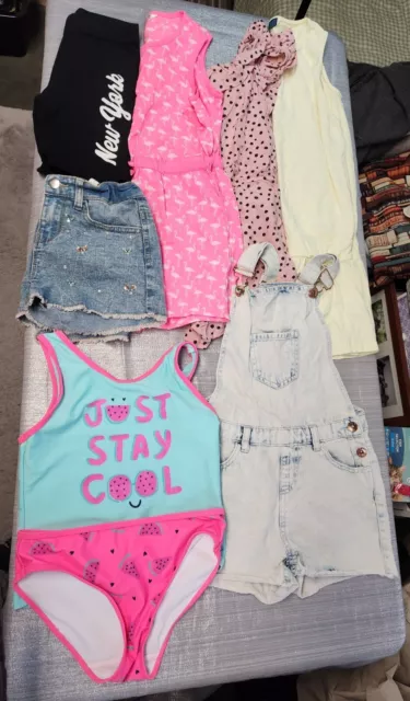 Girls age 9-10 clothes bundle 8 items summer inc Dungaree shorts