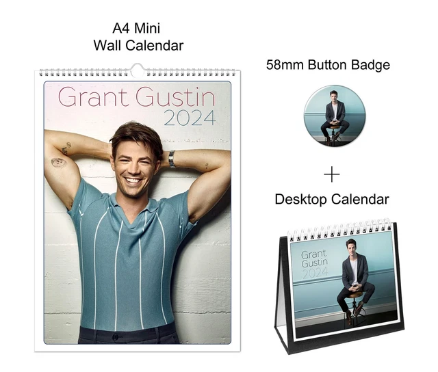 GRANT GUSTIN 2024 A4 Wall + Desktop Calendar + Pin Button Badge 19.99