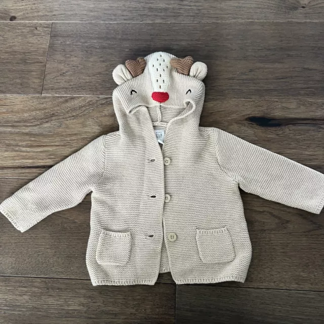 Baby Gap button up knit sweater pockets hooded Reindeer ears cream 6-12 unisex