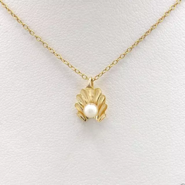 14k Gold Akoya Pearl Clam Shell Seashell Charm Pendant Necklace Child Petite