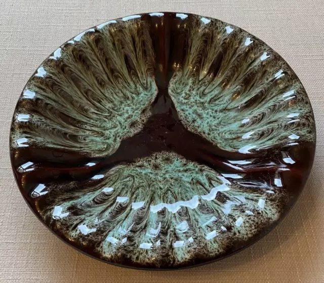 Ceramic Dish Bowl Brown Green Enamel Pottery Large  Fluted Rare Vintage