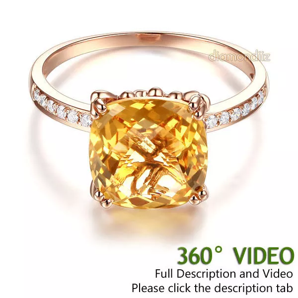 14K Rose Gold Luxury Wedding Anniversary Ring Yellow 3.6 Cushion Citrine Diamond