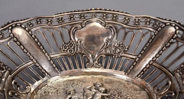 Antique German .800 Silver Oval Reticulated Basket w Repousse Cherubs 5.4 ozt 3