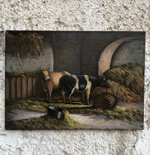 Quadro vintage -Interno Di Stalla Con Mucche- dipinto a olio su tela