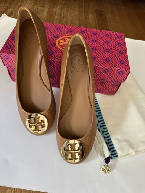 NIB Tory Burch Reva Tumbled Leather Royal Brown/Tan Ballet Flats 8M Shoes