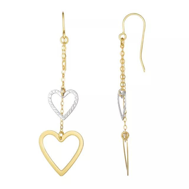 10K Two-tone Yellow & White Gold Double Heart Drop Earrings Fine Jewelry