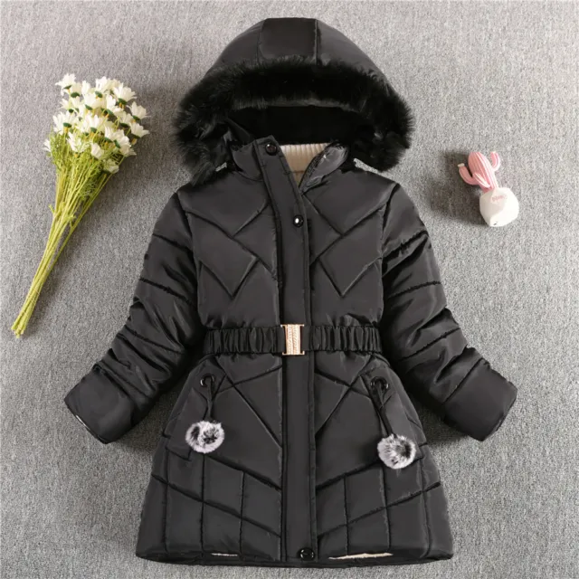 Kids Girls Quilted Puffer Jacket Faux Fur Hooded Parka Coat Winter Warm Outwear