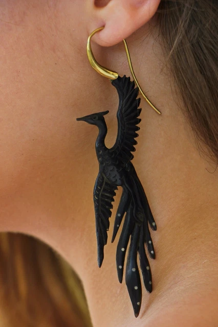 Phoenix Earring Tribal Dangle Black Horn Golden Brass Hook Unique Fake Ear Gauge
