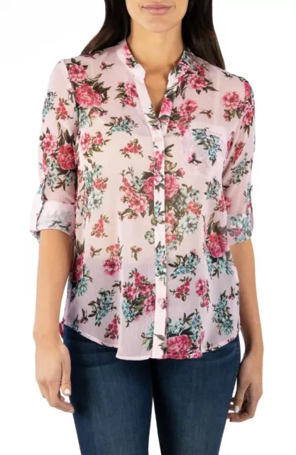 Kut from the Kloth Womens Jasmine Button Down Sheer Top Blouse Shirt Floral 3