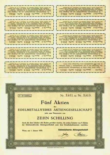 Edelmetallwerke AG 1928 Wien 50 Schilling Buchdruckerei Albert Ketterl Kupons