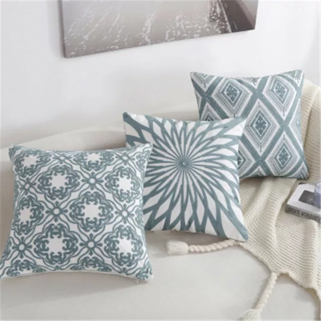 Home Decor Emborider Cushion Cover Blue Geometric Canvas Cotton Pillows 45*45cm 2