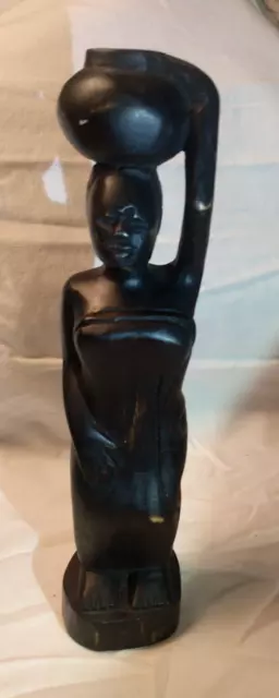 Hand Carved Hard Dark Wood Female Woman Figurine Statue Vintage 11"