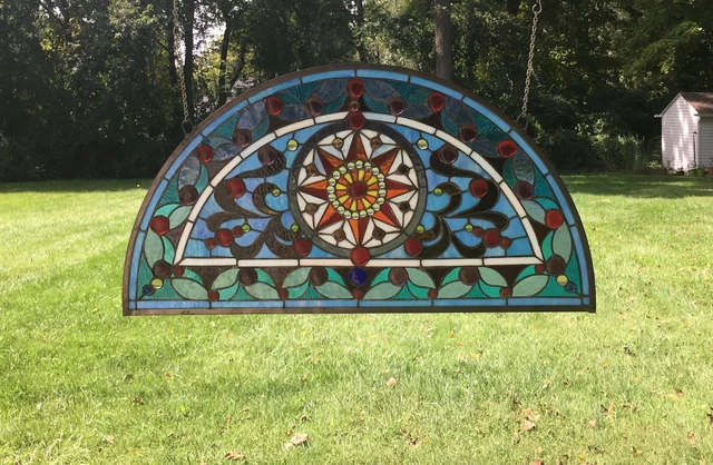 Handcrafted stained glass window Half Round Glass panel, 34"L x 18"H