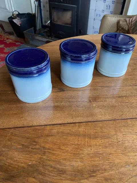 Three Retro Lidded Pearsons of Chesterfield Blue Storage Pots/Jars 11 cms High