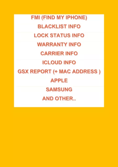 iPhone iPad iMac SAMSUNG IMEI CHECK OPERADOR DE RED MODELO ICLOUD LISTA NEGRA FMI