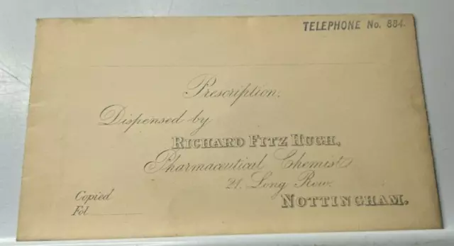 Antique Pharmacy Prescription Envelope Richard Fitz Hugh  Nottingham blank