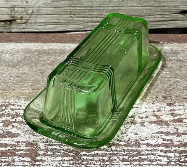 Emerald BUTTER Green Glass Crossed-Striped Covered Butter Dish 2